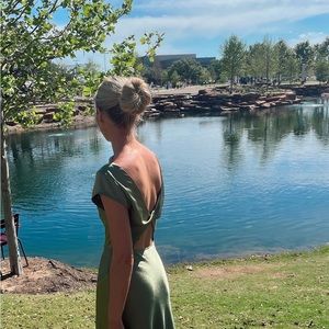 Get In Formation Satin Midi Dress Olive